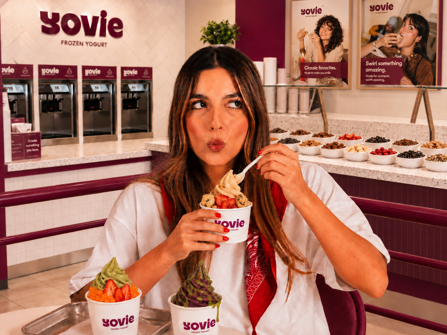YOVIE frozen yoghurt franchise store interior, Glen Waverley Melbourne — bright youthful froyo and matcha dessert brand